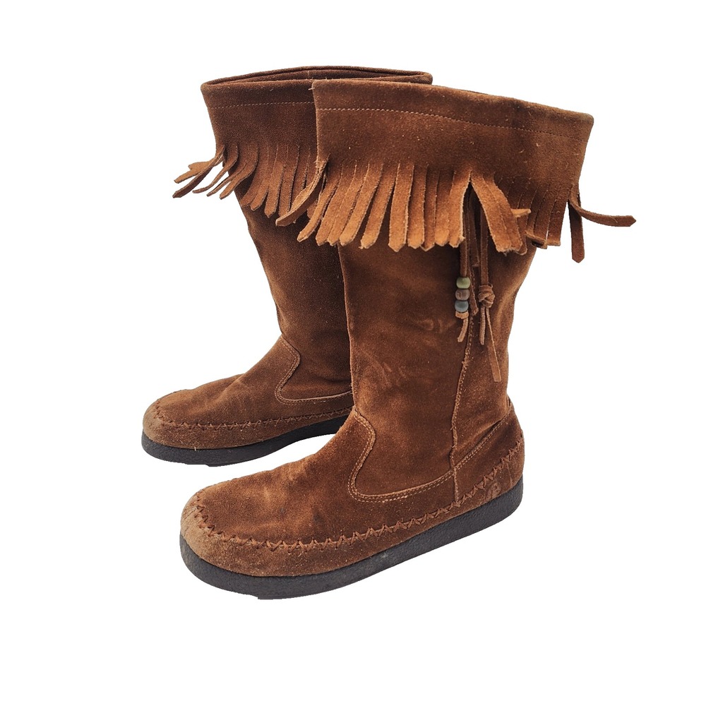 Report Dubais Brown Suede Fringe Moccasin Boots Womens 9.5 Boho Mid Calf Bead